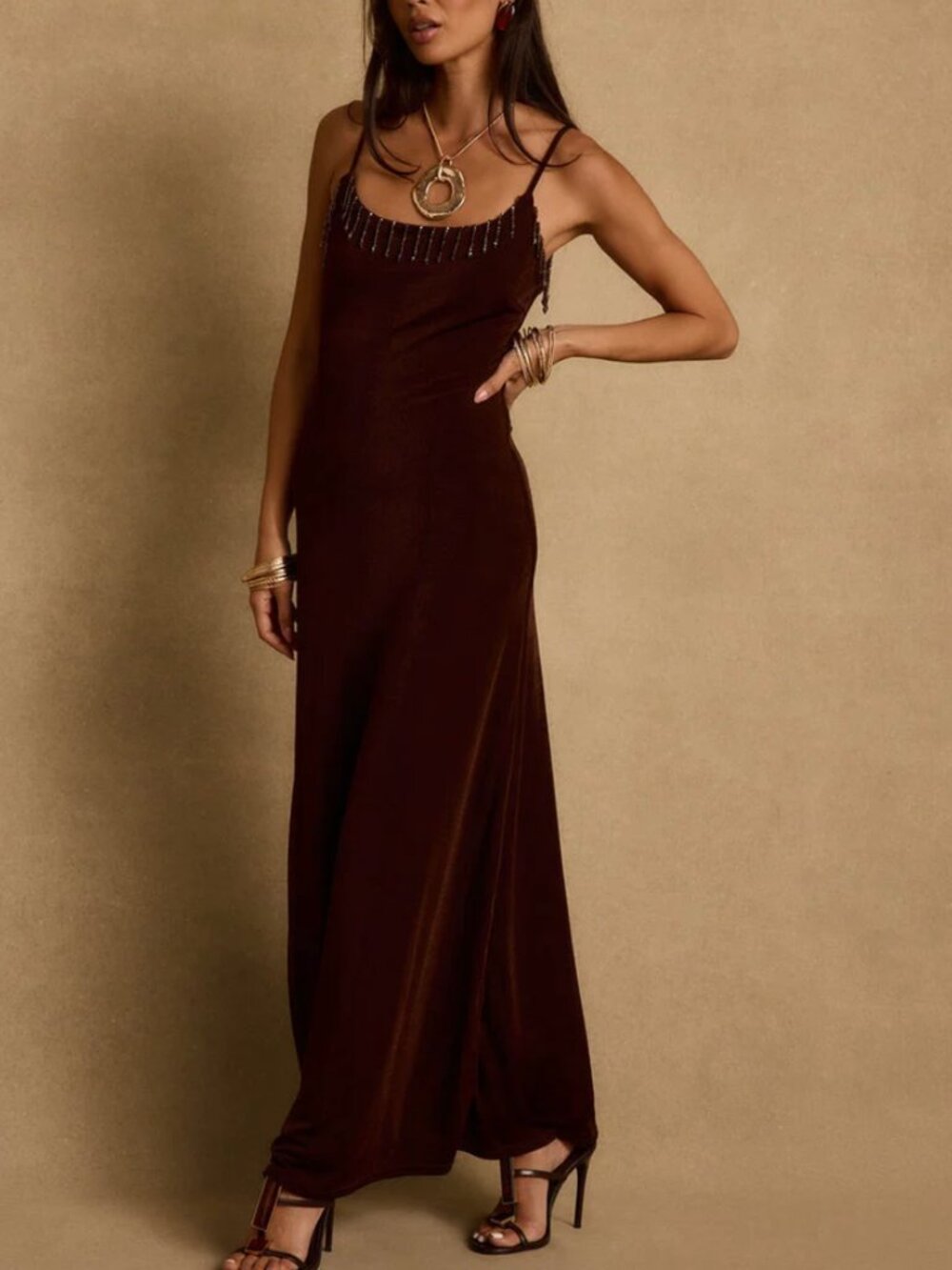 12th Tribe Serenade Espresso Beaded Maxi Dress XS/S/M Cafe Espresso - Picture 4 of 10
